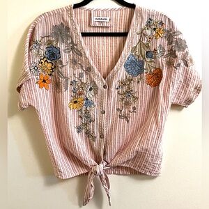 Paparazzi Pink Embroidered Artsy Boho Crop Cotton Linen Blend Tie Front Large